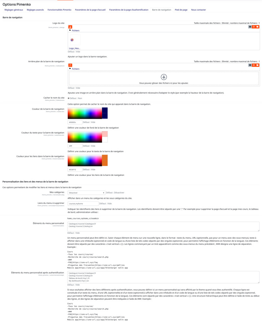 La page des réglages du thème Pimenko pour Moodle afin de personnaliser la barre de navigation