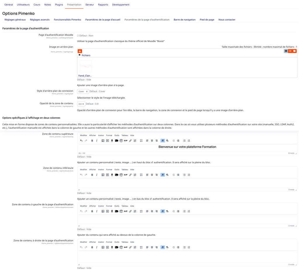 La page des réglages du thème Pimenko pour Moodle afin de modifier la page d'authentification