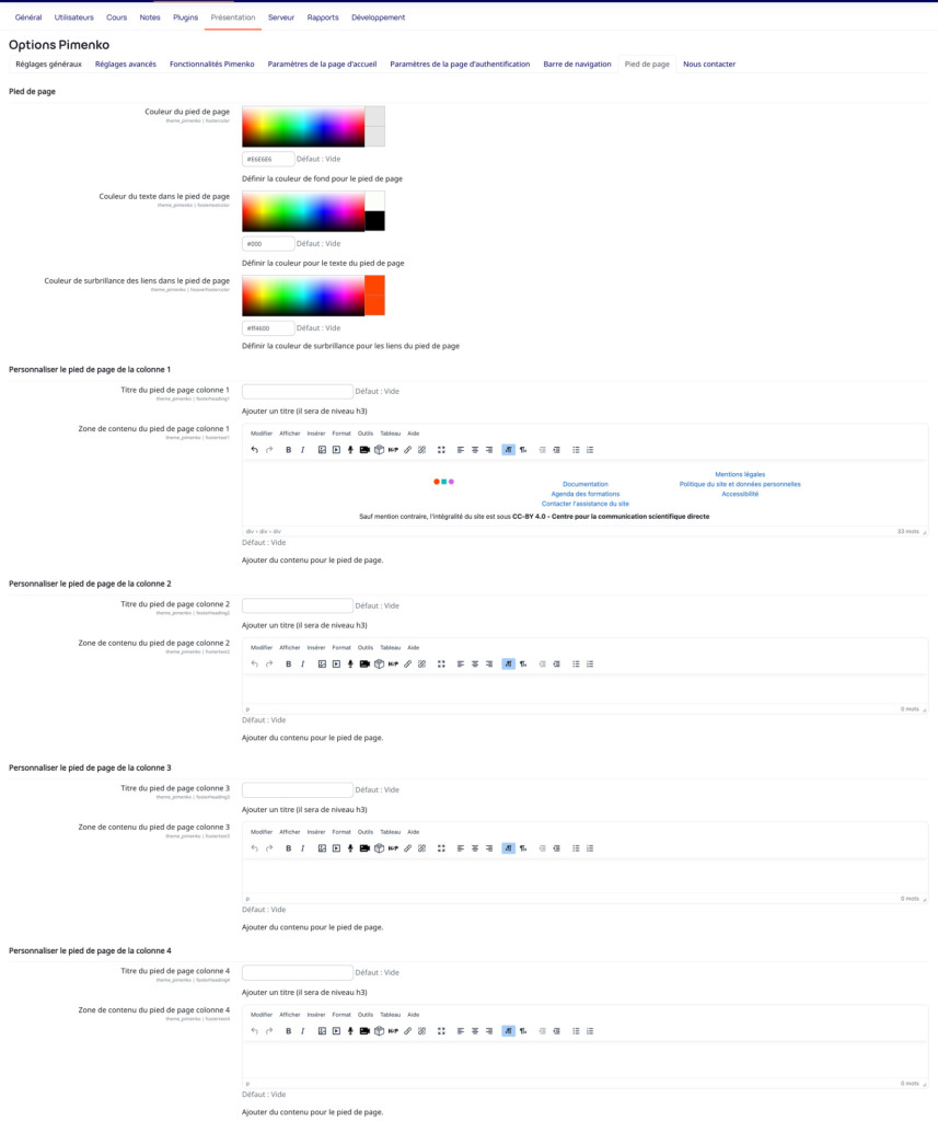 La page des réglages du thème Pimenko pour Moodle afin de modifier le pied de page