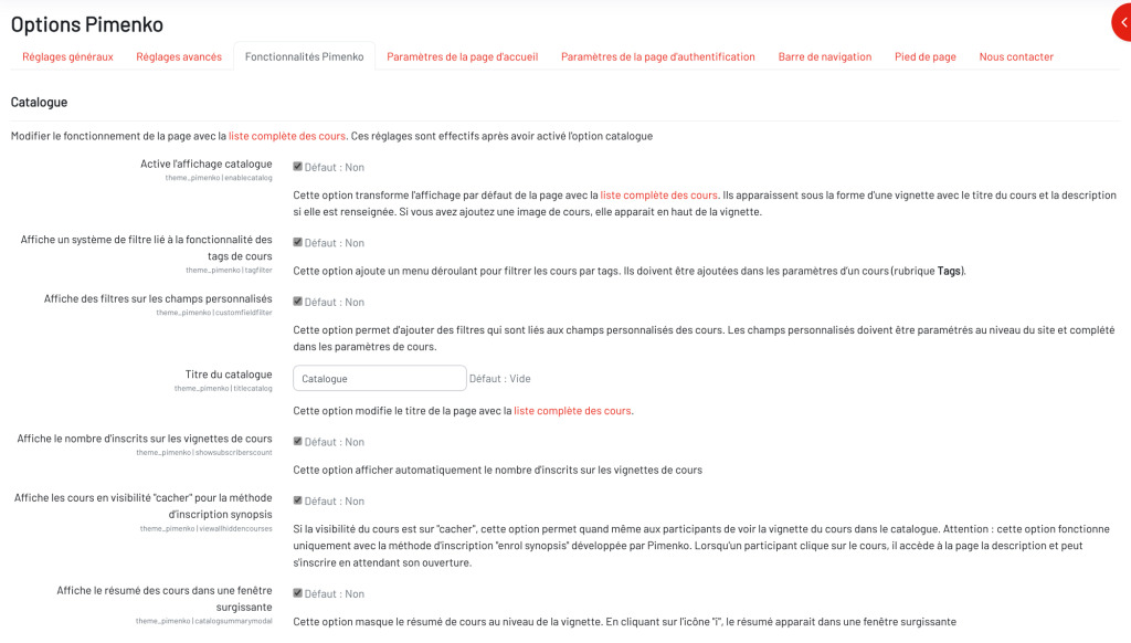 Réglages du thème Pimenko pour modifier l'apparence du catalogue