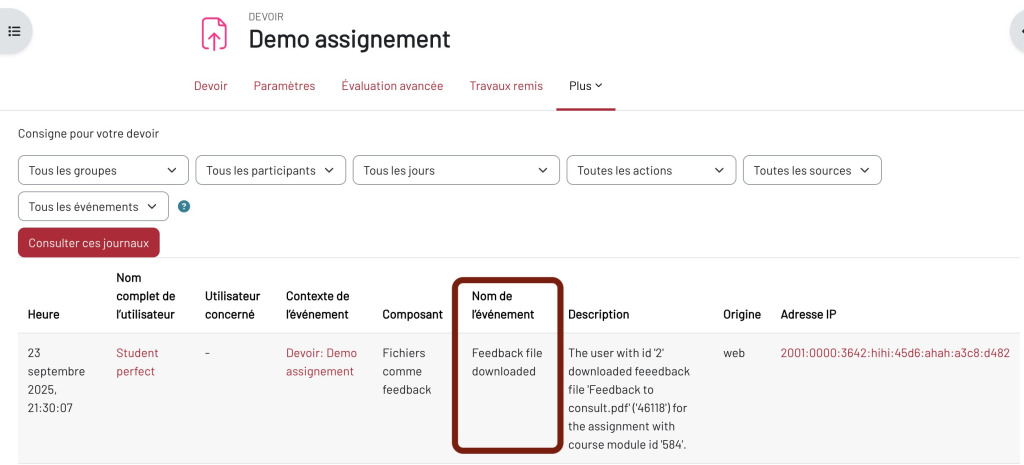 Journaux des historiques avec les apprenants qui ont téléchargés le fichier de feedback