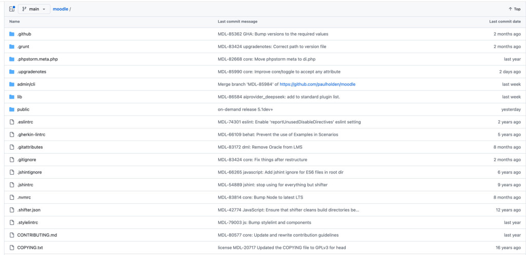 Nouvelle organisation des fichiers Moodle 5.1 sur GitHub : à la racine