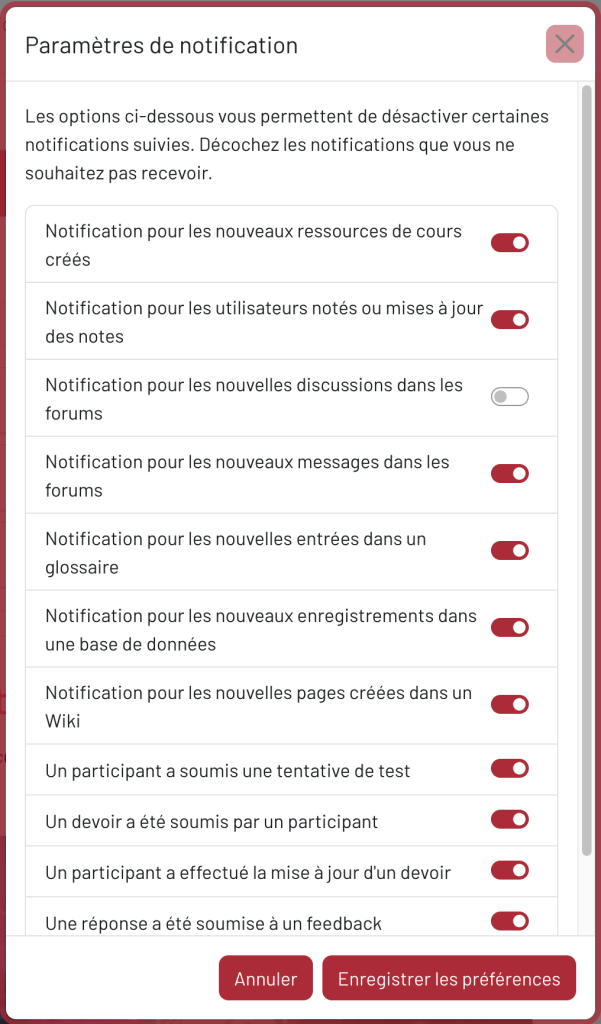 Choix des options de notifications