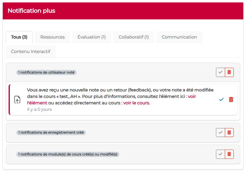 Vue du bloc "Notif Plus" chez l'apprenant, onglet général avec détail d'une notification