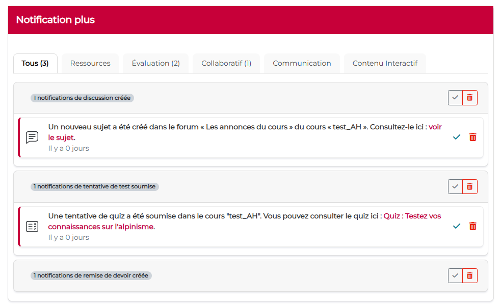 Vue du bloc "Notif Plus" chez l'enseignant, onglet général avec détail de 2 notifications