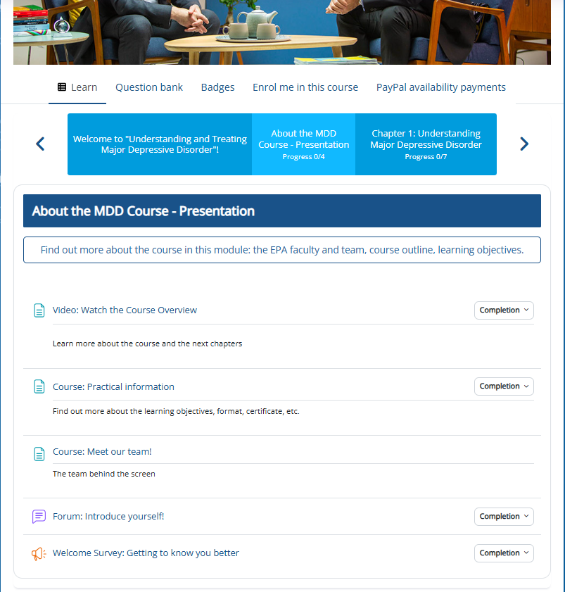 Vue du format "horizontal tabs" dans un cours moodle