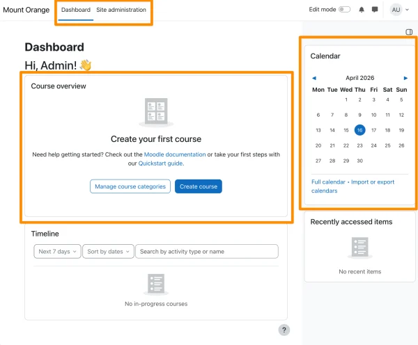 Tableau de bord Moodle 5.2 avec bloc vue d'ensemble des cours au premier plan