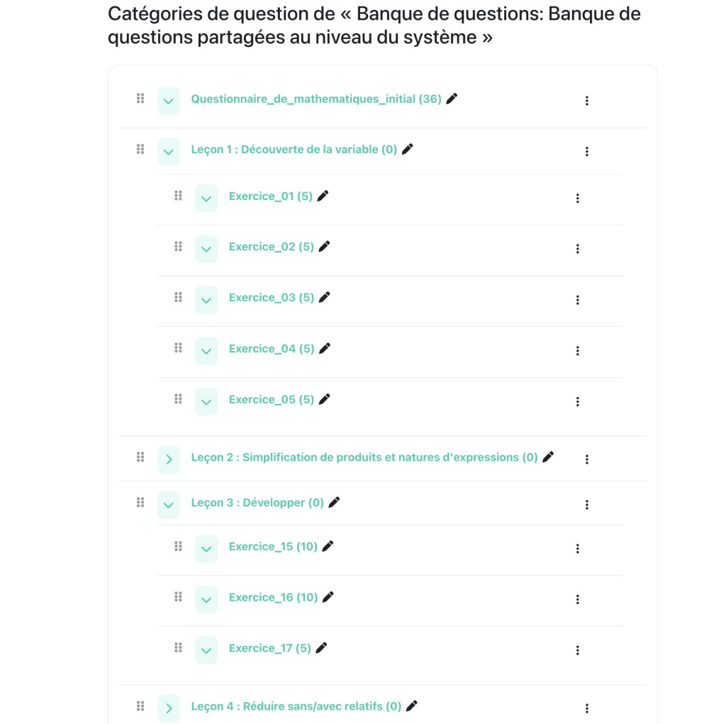 Arborescence dépliée de la banque de questions dans Moodle 5.2