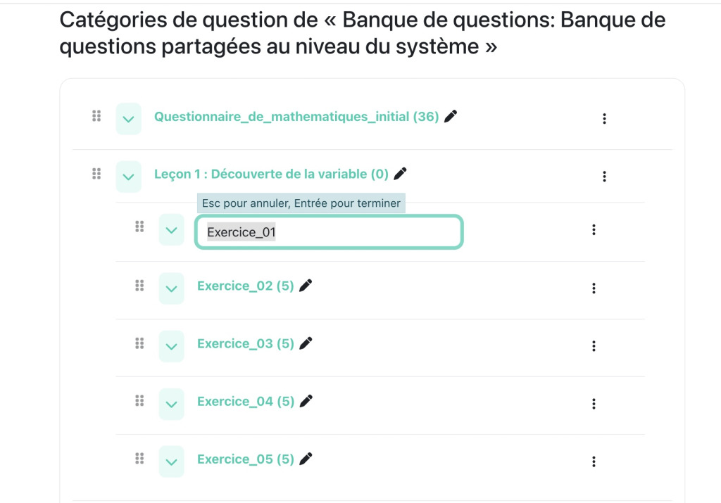 Renommage en ligne d'une catégorie dans la banque de questions Moodle 5.2