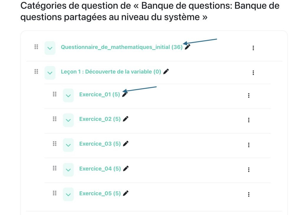 Nombre de questions affiché par catégorie dans la banque de questions Moodle 5.2