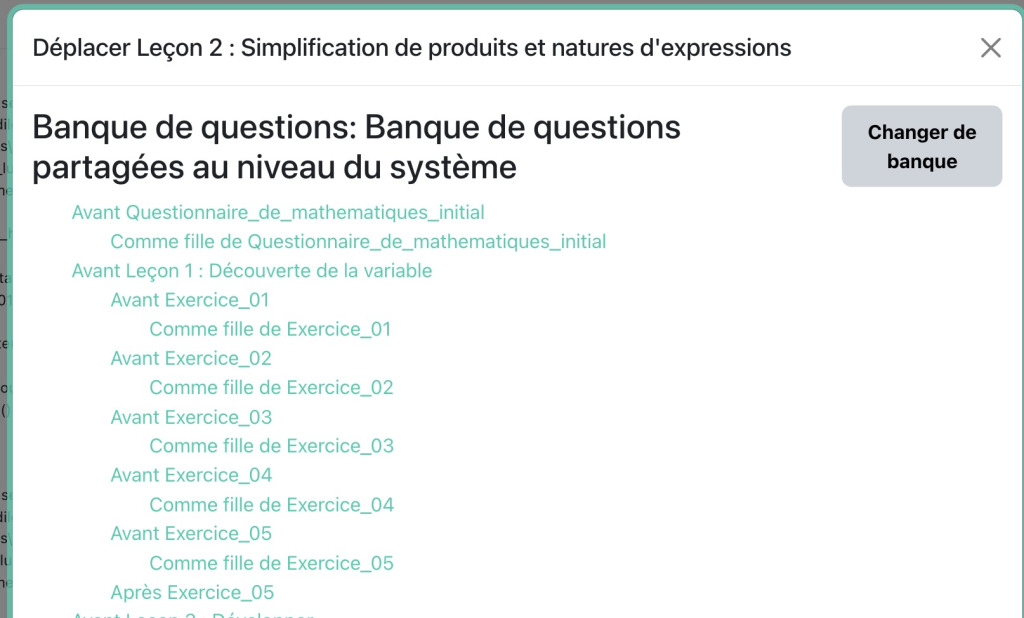 Déplacement d'une catégorie vers une autre banque de questions dans Moodle 5.2