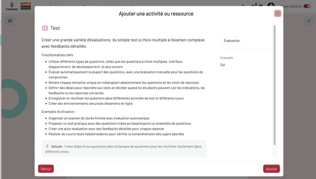 Sélecteur d'activités Moodle 5.2 avec description, aide et astuces