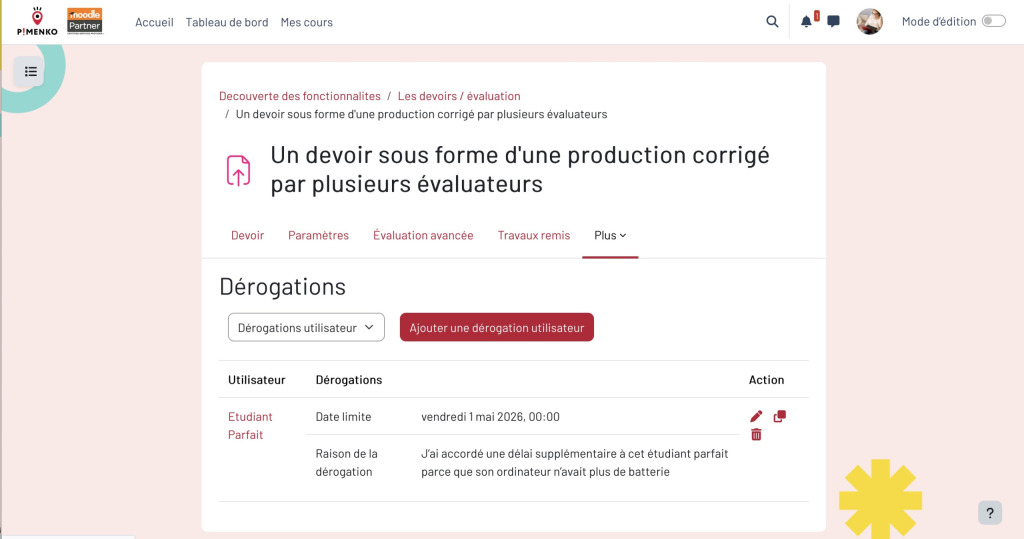 Dérogation d'activité avec note textuelle dans Moodle 5.2