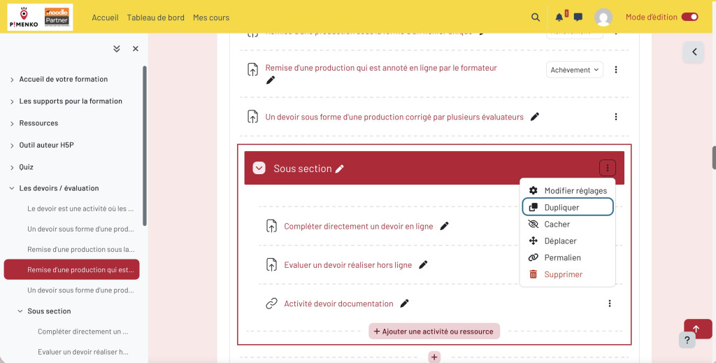 Option Dupliquer dans le menu d'actions d'une sous-section Moodle 5.2