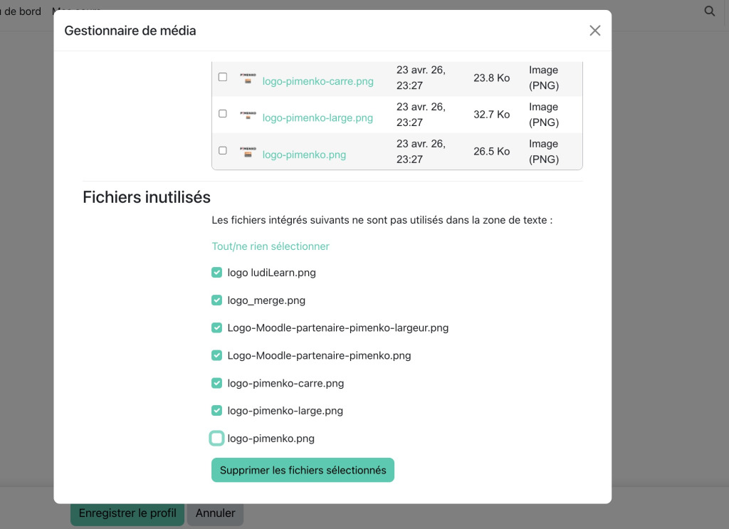Sélection de fichiers inutilisés dans TinyMCE Moodle 5.2