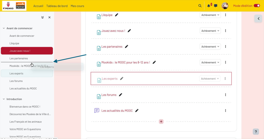 Lignes de survol lors du glisser-déposer d'activités dans Moodle 5.2