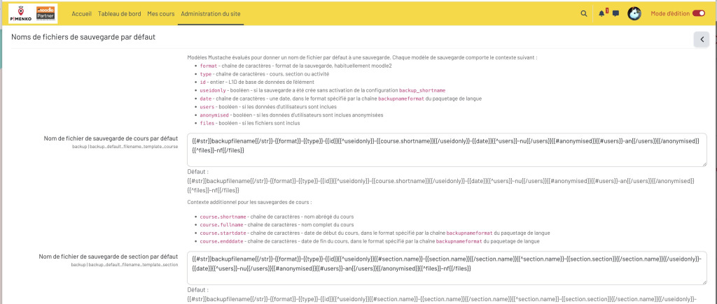 Nom configurable des fichiers de sauvegarde de cours via templates Mustache dans Moodle 5.2