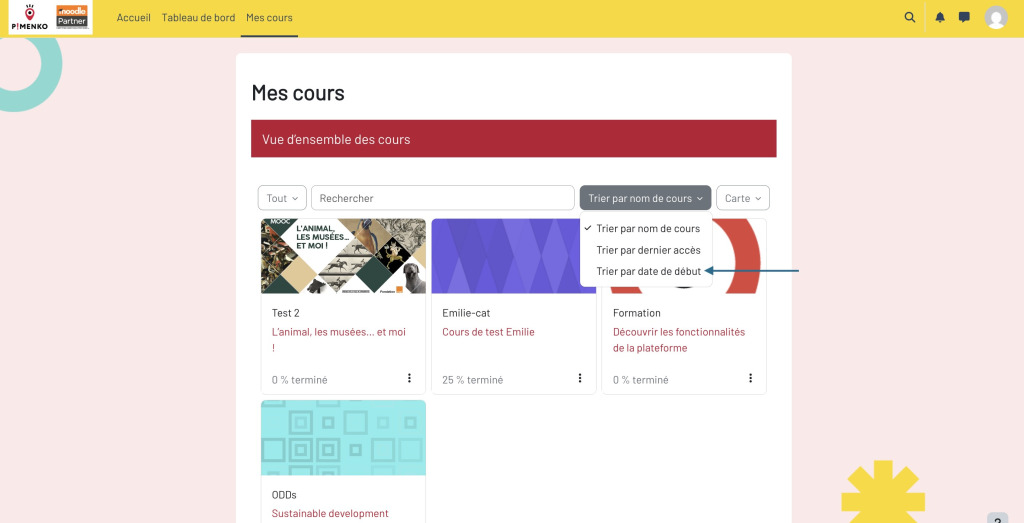 Tri des cours par date de début dans Mes cours Moodle 5.2