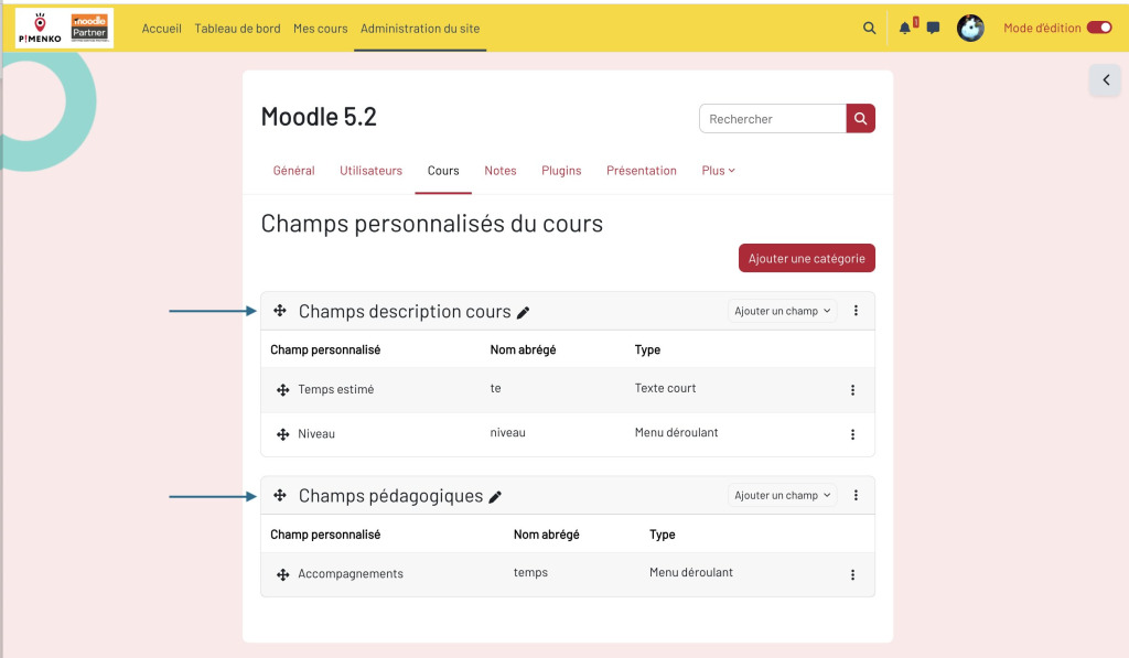 Refonte des pages de gestion des champs personnalisés dans Moodle 5.2