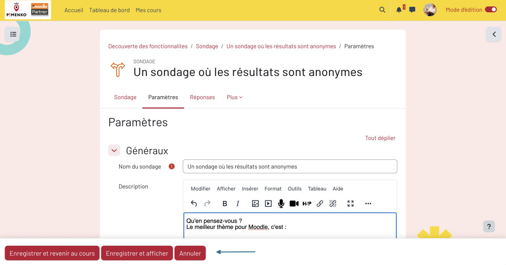 Boutons d'action en pied de page fixe lors de l'édition d'une activité dans Moodle 5.2