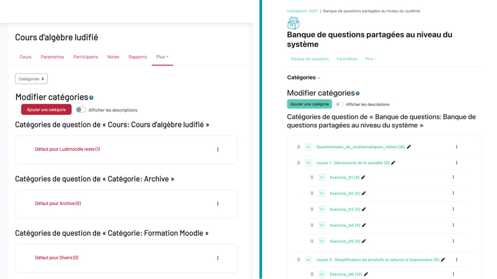 Menu tertiaire de la banque de questions dans Moodle 5.2 vs Moodle 5.1