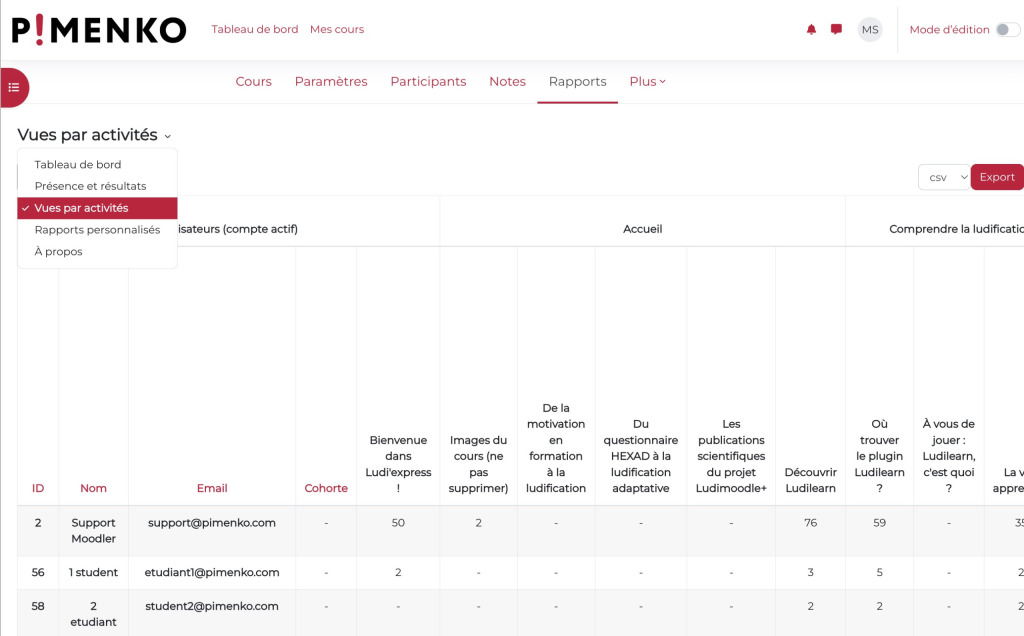 Vue par activités - Suivi détaillé des consultations DigiBoard Moodle Vue par activités DigiBoard affichant le tableau de suivi détaillé par module de cours avec 3 apprenants et leurs statistiques de consultation pour chaque activité Moodle