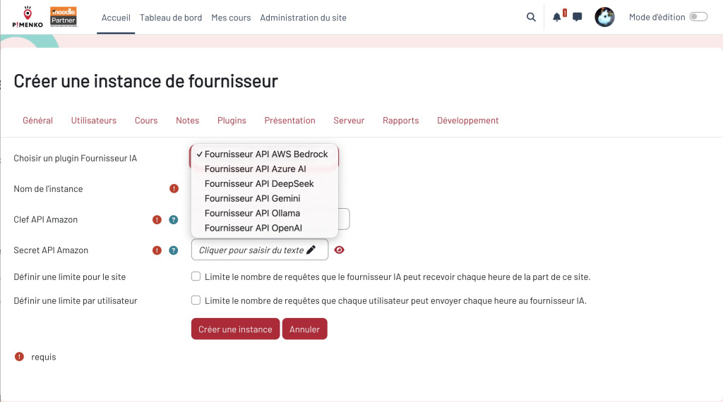 Limites d'usage des providers IA dans l'administration de Moodle 5.2