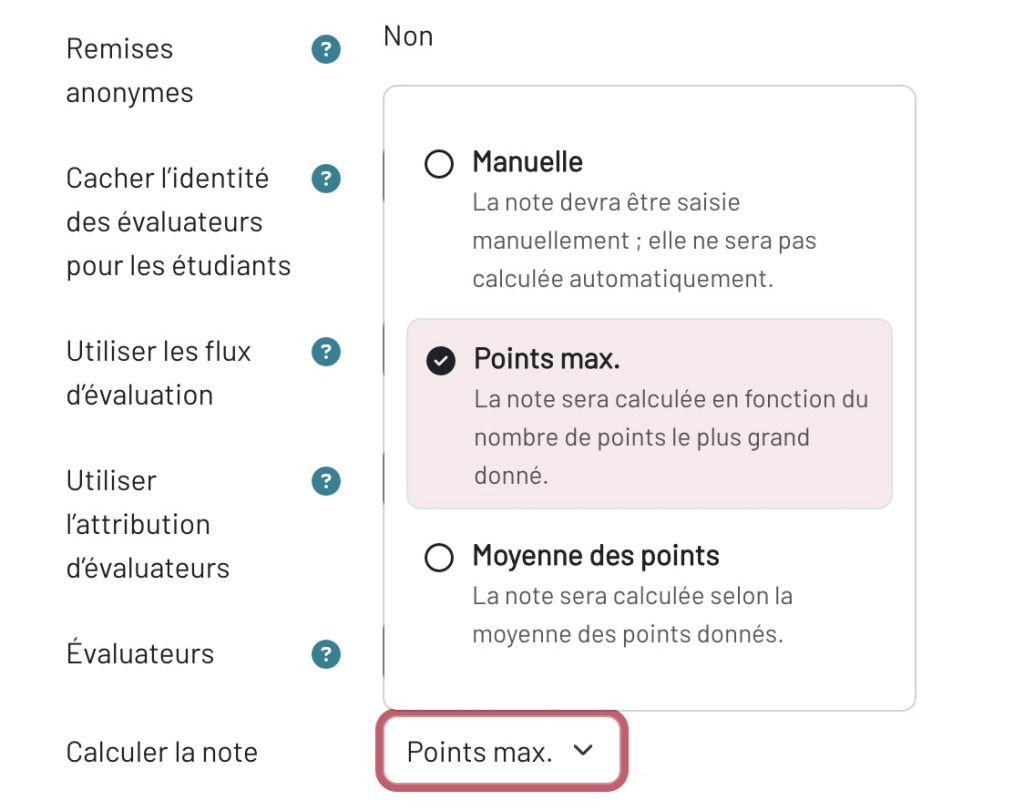 Méthode de calcul de la note en évaluation multi-correcteurs Moodle 5.2 Paramètre "Calculer la note" dans Moodle 5.2 — trois méthodes disponibles : manuelle, points max. ou moyenne des points