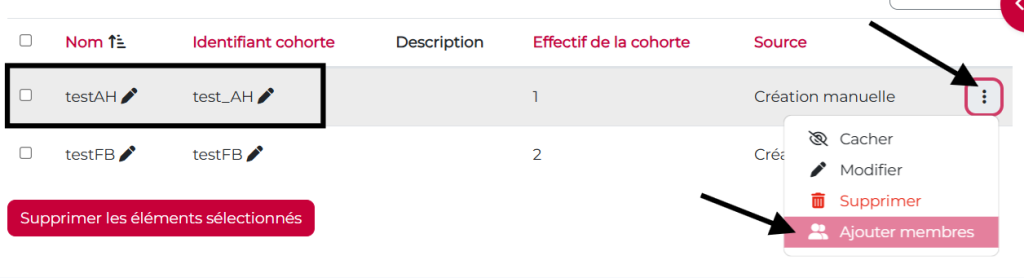 Bouton "Ajouter membres" dans une cohorte