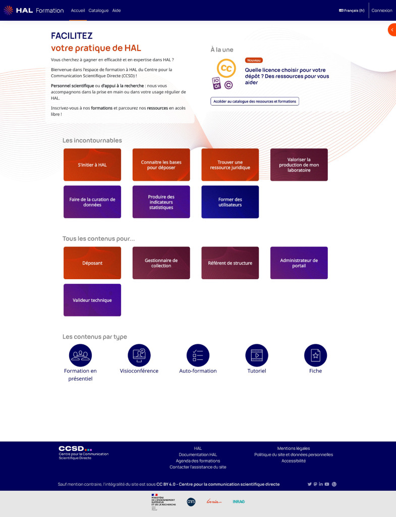 Page d'accueil de HAL Formation (CCSD) : plateforme Moodle organisée par profils utilisateurs (déposant, gestionnaire de collection, référent de structure) et par types de contenus (auto-formation, tutoriel, visioconférence), aux couleurs du Centre pour la Communication Scientifique Directe