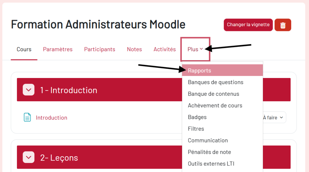 Étape 1 : Navigation dans le cours - menu Plus avec Rapports mis en évidence
