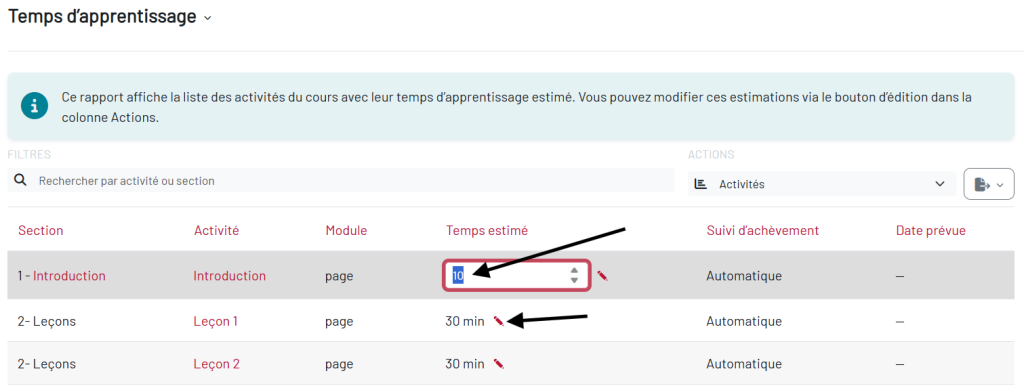 Étape 4 : Édition du temps estimé directement dans le tableau des activités
