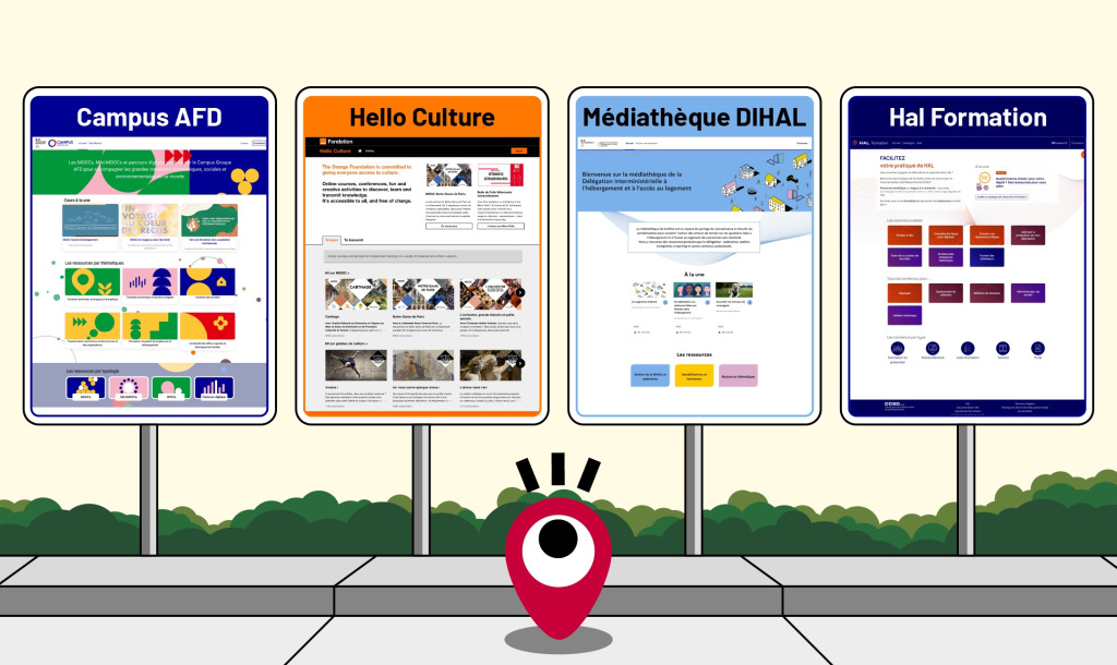 Captures d'écran des plateformes Moodle développées par Pimenko pour la Fondation Orange (Hello Culture), l'AFD (Campus AFD), la DIHAL (Médiathèque DIHAL) et le CCSD (HAL Formation) — quatre exemples de personnalisation Moodle à l'identité de chaque organisation
