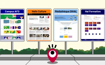 Captures d'écran des plateformes Moodle développées par Pimenko pour la Fondation Orange (Hello Culture), l'AFD (Campus AFD), la DIHAL (Médiathèque DIHAL) et le CCSD (HAL Formation) — quatre exemples de personnalisation Moodle à l'identité de chaque organisation