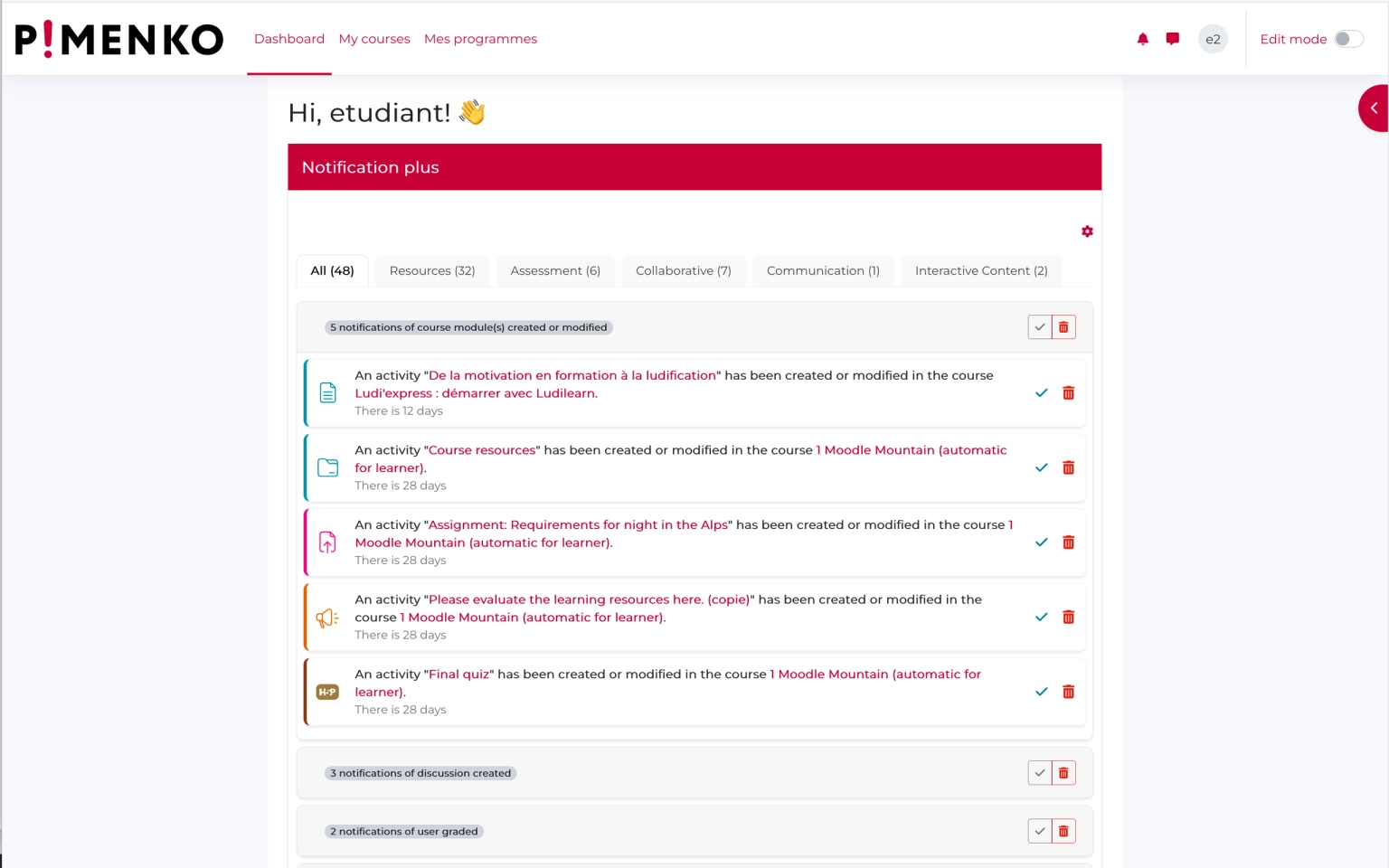 Bloc Notif Plus sur le tableau de bord Moodle – 48 notifications regroupées par catégorie : ressources, évaluations, collaboratif, communication et contenu interactif