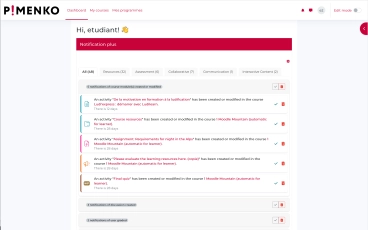 Bloc Notif Plus sur le tableau de bord Moodle – 48 notifications regroupées par catégorie : ressources, évaluations, collaboratif, communication et contenu interactif