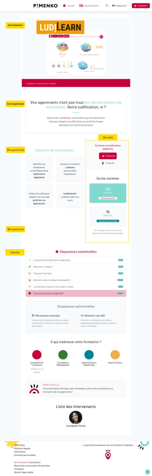 Enroll Synopsis modèle 1 : page d'inscription Moodle avec zones configurables annotées : bannière, blocs gauche/droit, description et séquences de cours