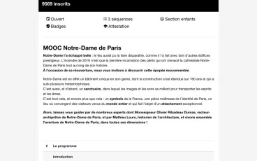 Enroll Synopsis modèle 2 : page d'inscription Moodle enrichie, exemple Hello Culture Fondation Orange avec vidéo bande-annonce, programme et section enfants