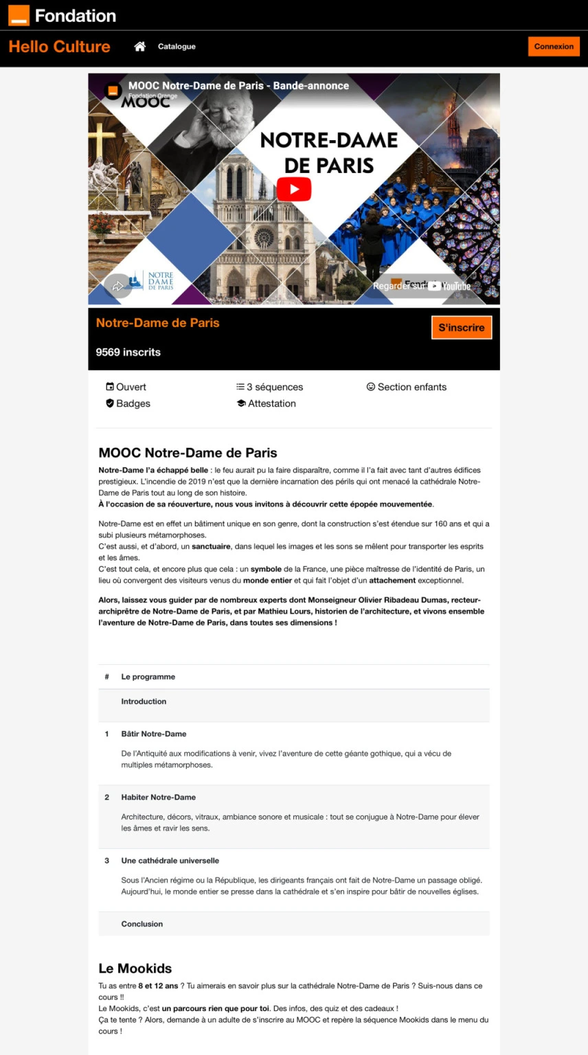 Enroll Synopsis modèle 2 : page d'inscription Moodle enrichie, exemple Hello Culture Fondation Orange avec vidéo bande-annonce, programme et section enfants