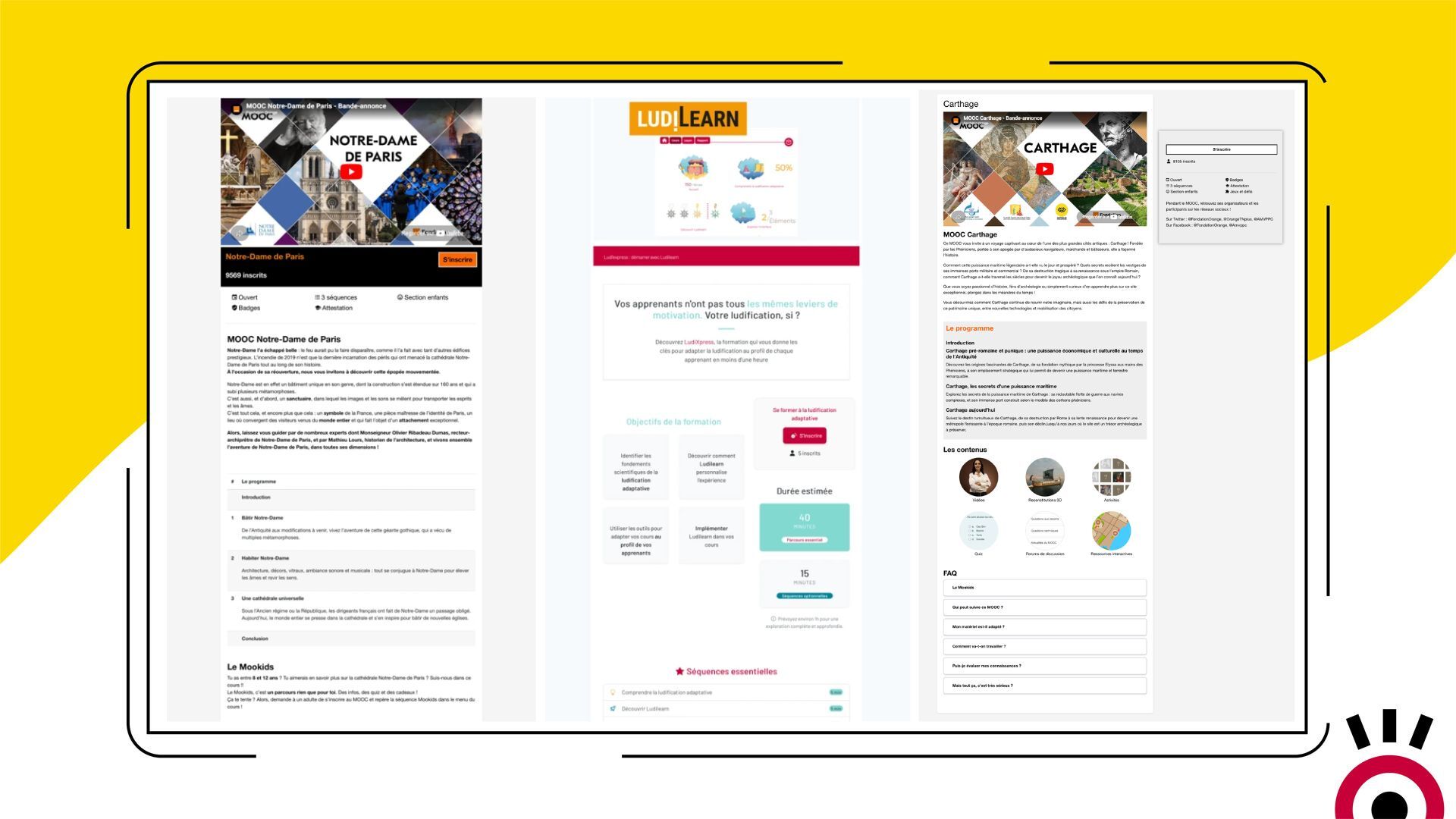 Moodle registration pages enhanced with Enroll Synopsis—examples include the Notre-Dame de Paris MOOC and the LudiLearn course, featuring descriptions, videos, learning objectives, and detailed information