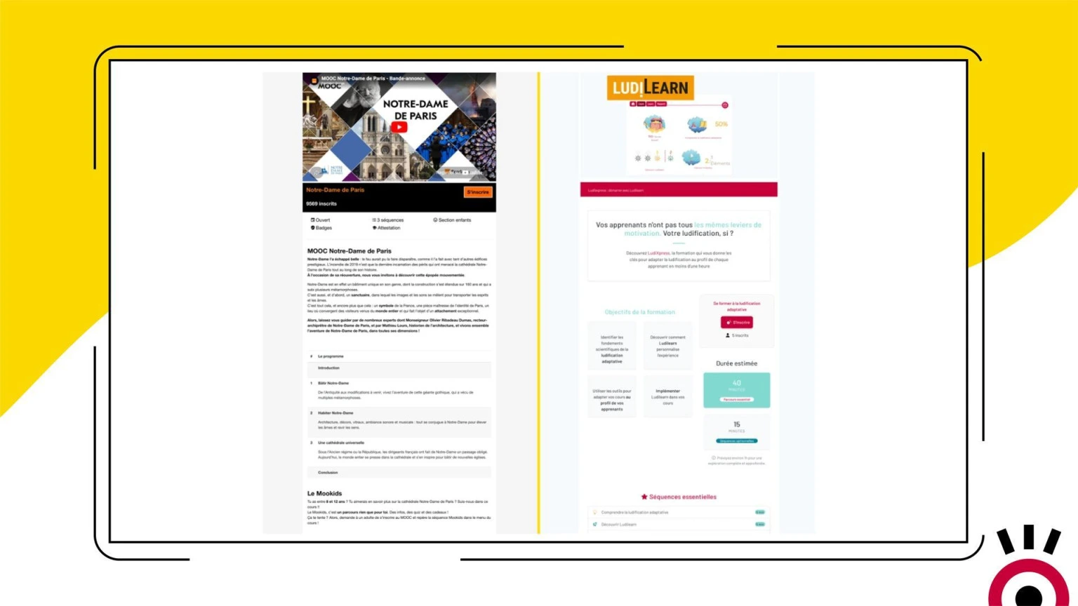 Pages d'inscription Moodle enrichies avec Enroll Synopsis – exemples MOOC Notre-Dame de Paris et formation LudiLearn avec description, vidéo, objectifs et informations détaillées