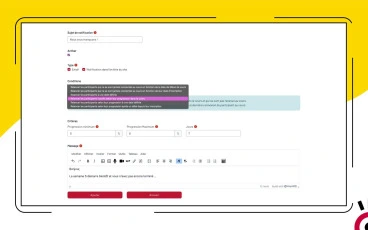 Interface KeepUsers : configuration d'une relance automatique Moodle selon la progression de l'apprenant, avec message personnalisé et envoi par email ou notification