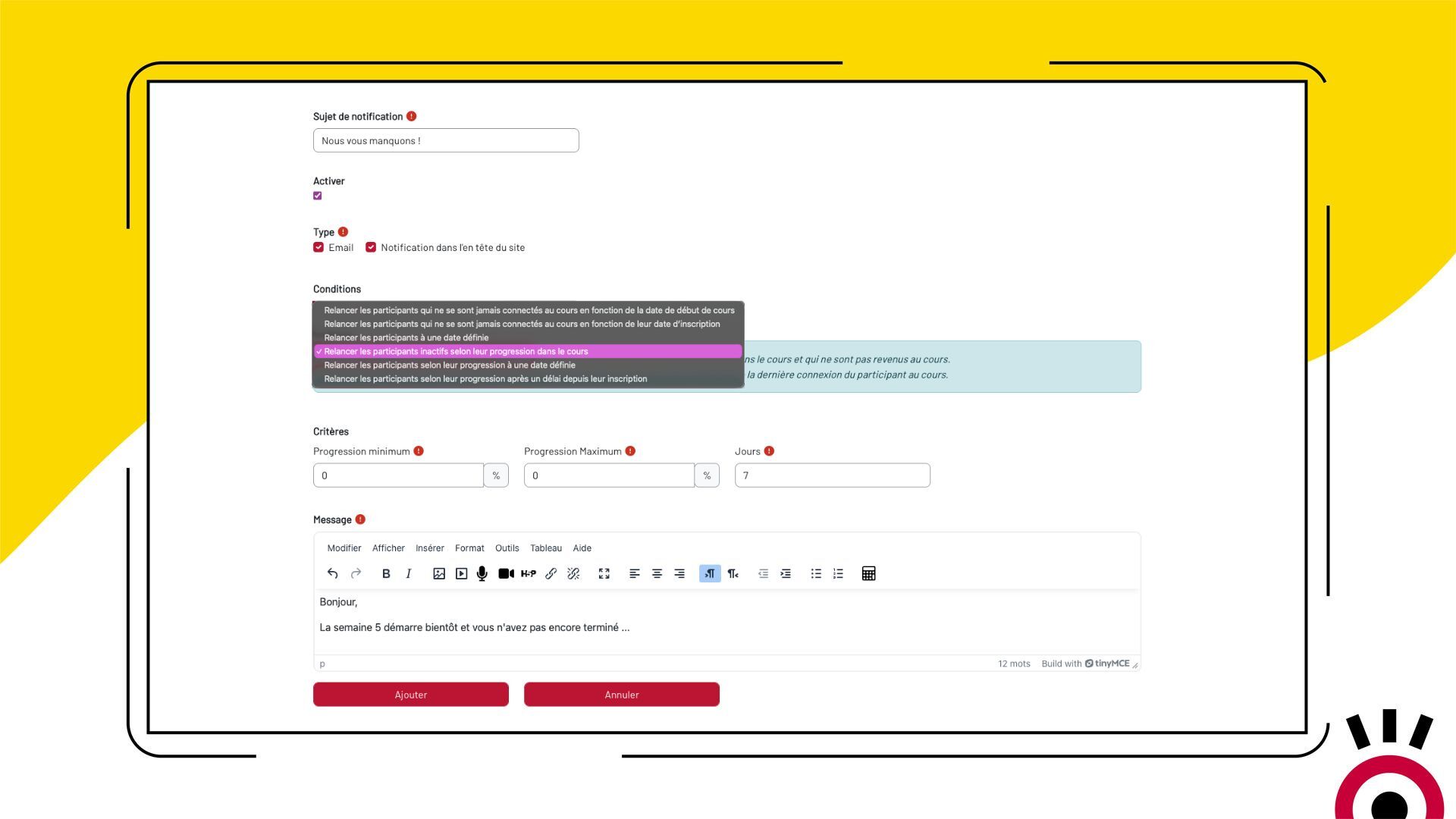Interfaz KeepUsers: configuración de un recordatorio automático en Moodle en función del progreso del alumno, con un mensaje personalizado y envío por correo electrónico o notificación