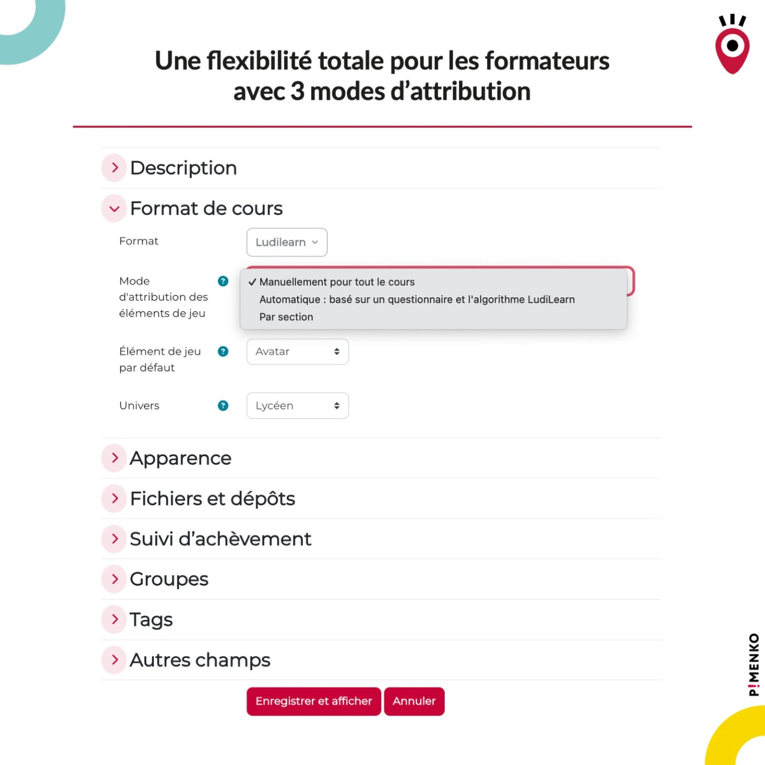 Paramètres LudiLearn dans Moodle – choix du mode d'attribution des éléments de jeu : manuel pour tout le cours, automatique par algorithme HEXAD-12, ou par section