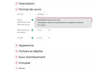Paramètres LudiLearn dans Moodle – choix du mode d'attribution des éléments de jeu : manuel pour tout le cours, automatique par algorithme HEXAD-12, ou par section