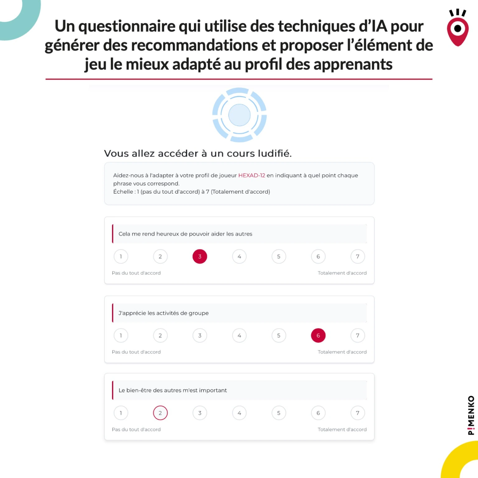 Interface LudiLearn – questionnaire HEXAD-12 pour identifier le profil de joueur de l'apprenant et personnaliser les éléments de jeu Moodle