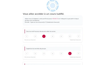 Interface LudiLearn – questionnaire HEXAD-12 pour identifier le profil de joueur de l'apprenant et personnaliser les éléments de jeu Moodle