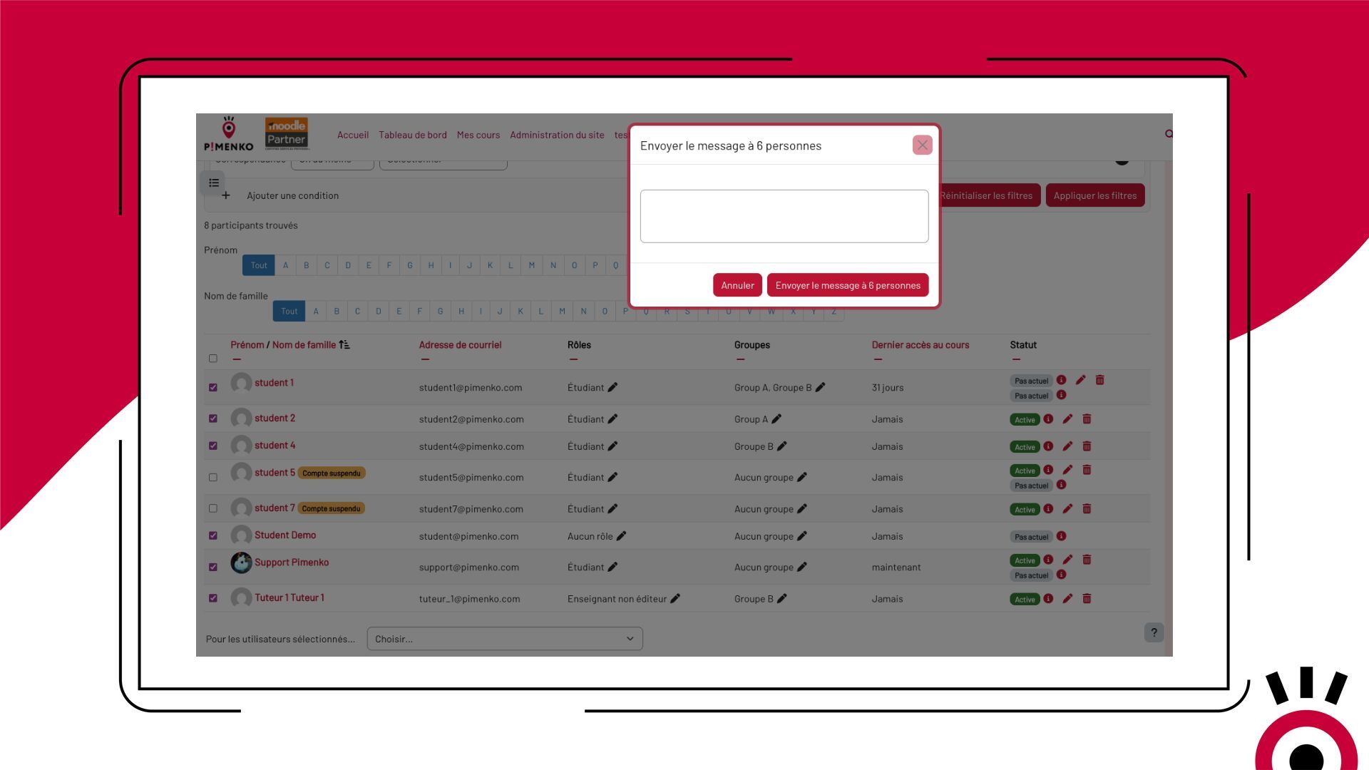 Interfaz de Moodle sin KeepUsers: selección manual de los alumnos inactivos y envío de mensajes masivos de forma individual