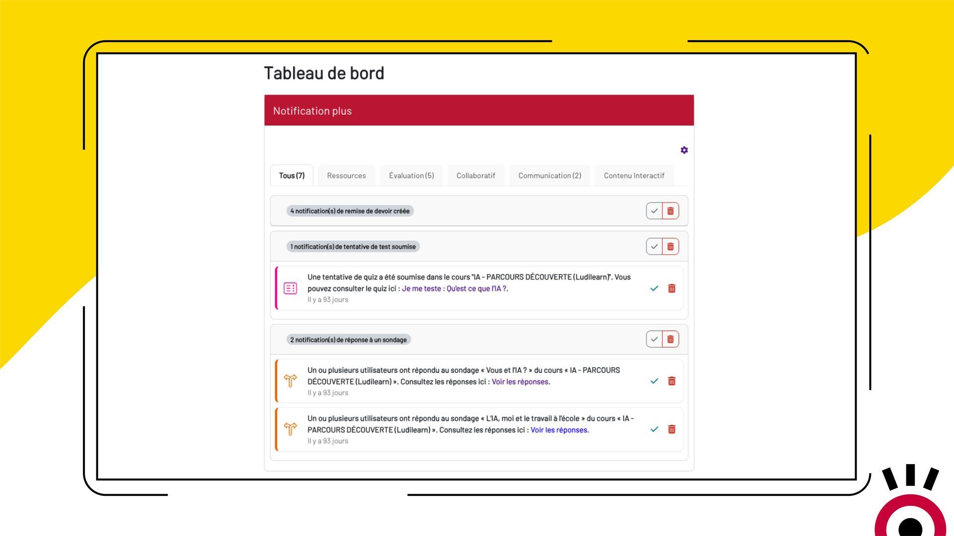Bloc Notif Plus sur le tableau de bord Moodle – notifications classées par catégorie d'activité