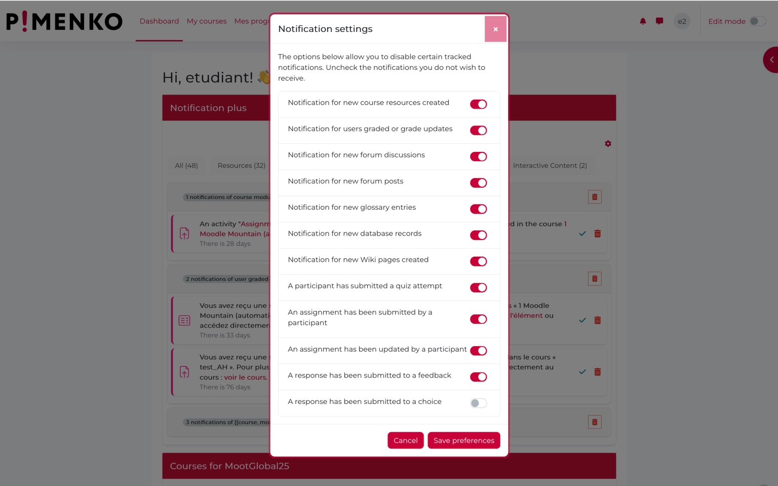 Fenêtre de paramètres Notif Plus – activation ou désactivation individuelle de chaque type de notification Moodle : ressources, quiz, devoirs, forum, wiki, feedback
